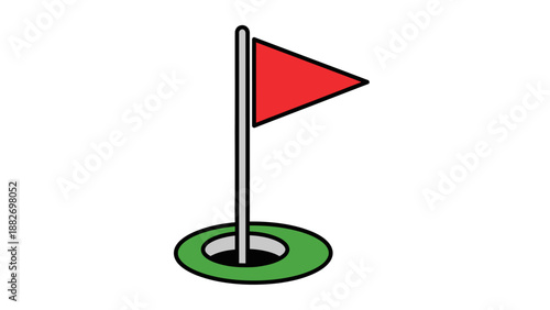 Simple cartoon illustration of a golf hole with a red flag on a white background, ready for play.
