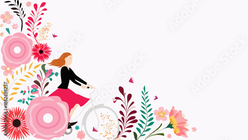 Woman cycling surrounded by colorful swirling floral elements and plants on white background