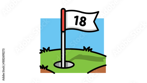 A cartoon illustration of a golf flag with the number 18 on a green hill with a hole, under a blue sky.