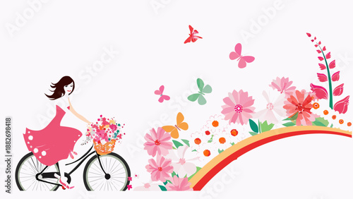 Woman cycling along a curved road with fluttering butterflies and vibrant flowers in a sunny scene