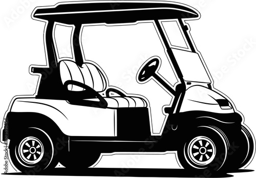 A black and white vector illustration of a golf cart, depicted from the side with its roof, seats, and steering wheel visible.