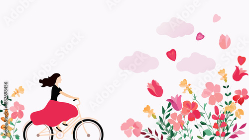 Woman pedaling bicycle under floating clouds and flowers in garden with vibrant pink yellow and red blooms conveying carefree leisure and freedom