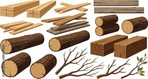 Wood Material Illustration Set with Logs, Planks, Beams, and Tree Branches for Construction Concepts, Carpentry Design, Nature Graphics, and Game Assets