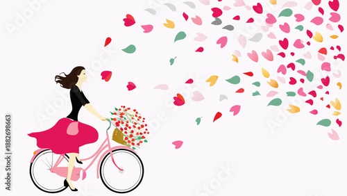 Woman riding bicycle with flowers surrounded by falling colorful petals romantic spring scene