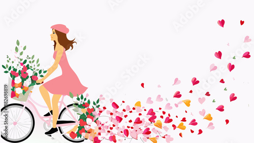 Young woman riding pink bicycle with flowers and hearts symbolizing love and freedom in a whimsical scene