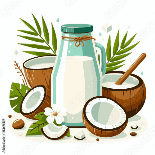 Fresh Coconut Milk and Halves with Tropical Leaves