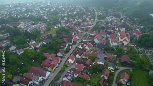 Aerial view of the city Lauterhofen Germany, Bavaria on a cloudy day in Spring