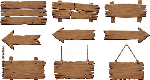Wooden Signboard Illustration Set with Rustic Boards, Hanging Signs, and Direction Arrows for Farm, Nature, Game UI, and Vintage Design Projects