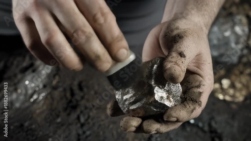 Person holding raw diamonds in dirty hands with a tool.