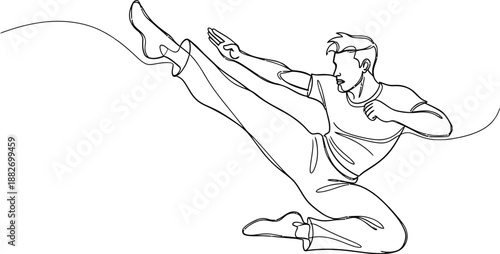 Minimalist continuous line drawing illustrates a powerful martial artist executing a high side kick demonstrating focused athletic movement and dynamic combat training.