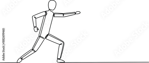 Continuous line drawing depicts a stylized abstract figure executing a dynamic martial arts pose representing focus, balance, and intentional movement against white space.