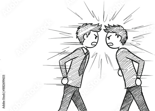Intense cartoon sketch illustrates two angry businessmen facing off directly against each other suggesting a dramatic confrontation or fierce argument.