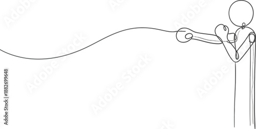 Continuous line drawing depicts a minimalist stick figure engaging in the strenuous act of holding a taut rope or string with both outstretched arms.