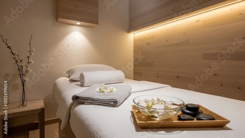 Luxury Spa Treatment Room with Zen Decor and Hot Stone Massage Set
