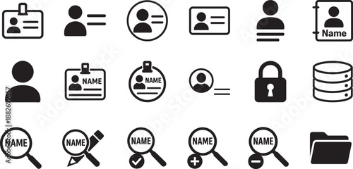 Name SVG icon set with editable vector EPS symbols for labels, profiles, UI, web and branding use.