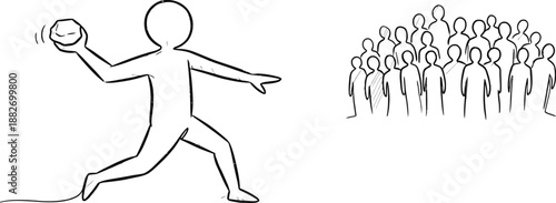 Simple sketch of a stick figure preparing to throw a heavy rock directly toward a large, ambiguous crowd illustration symbolizing conflict or aggression.