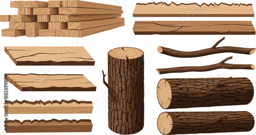 Wood Plank and Log Illustration Set Featuring Stacked Boards, Cut Timber, Tree Trunks, and Branches for Construction Design, Nature Graphics, and Game Assets