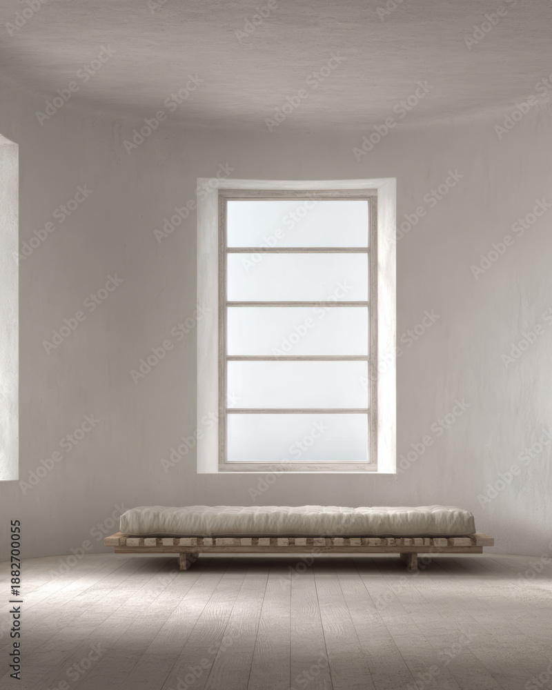 Fototapeta premium Minimalist interior design featuring a simple bed by a large window in a bright, calm room
