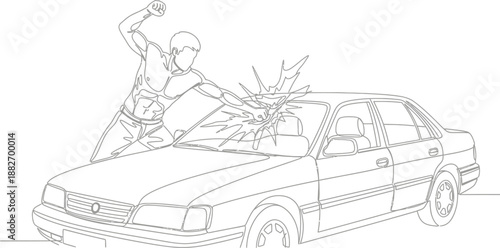 Muscular shirtless man angrily punching and smashing the windshield of an older model sedan vehicle in a dramatic single line drawing