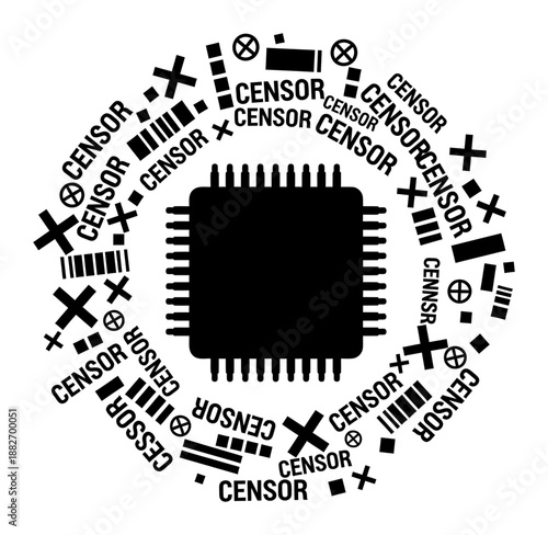 AI Restriction - Chip with Censorship Symbols - Vector