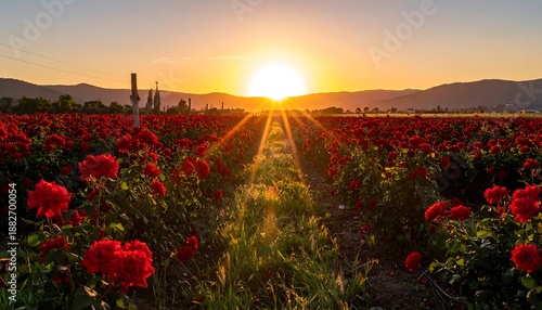 A serene sunset over a vibrant field of red flowers