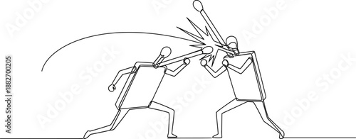 Abstract one line drawing depicts two stylized match figures engaged in a dynamic and impactful boxing confrontation symbolizing intense competition and conflict resolution.