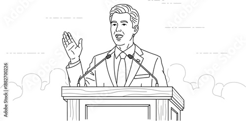 A detailed line art illustration of a man in a suit speaking at a podium with microphones, addressing an audience.
