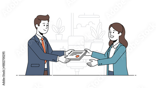 A man in a suit hands a certificate or award to a smiling woman in a professional office setting.