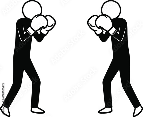 Simple black and white stick figure boxers facing each other wearing boxing gloves ready to compete in a fight illustration.