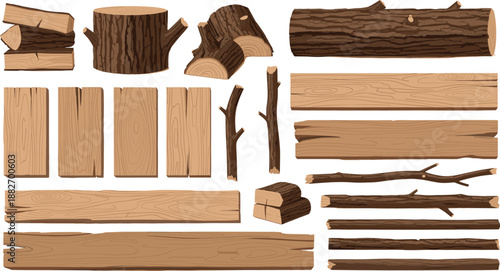 Wood Plank and Log Illustration Collection Featuring Timber Boards, Cut Tree Trunks, and Branches for Construction, Carpentry Design, Nature Graphics, and Game Assets