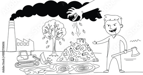 Villainous character promoting environmental destruction through deforestation pollution and industrial contamination symbolizing severe ecological threats worldwide