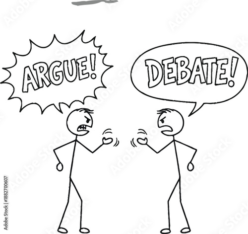Stick figure characters engaged in a heated verbal confrontation expressing the concepts of argument and debate on crumpled paper background