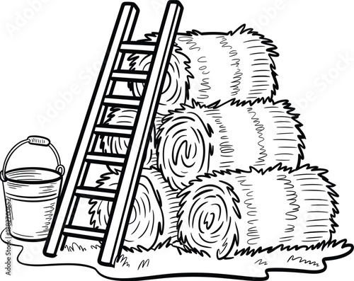 Hay bales stacked with a wooden ladder and water bucket, farm harvest coloring page vector illustration