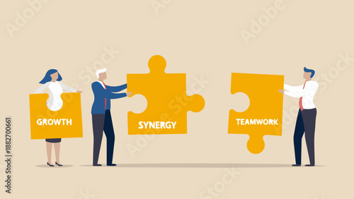 Diverse team of professionals working together to complete puzzle pieces labeled growth synergy and teamwork in a flat vector illustration with business