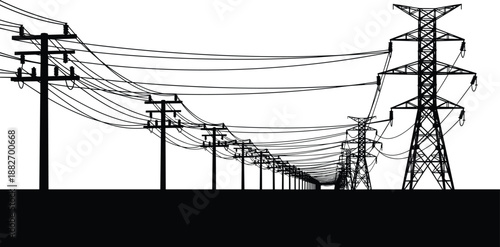 Electric power transmission line silhouettes with utility poles and high voltage towers, energy infrastructure concept, electricity distribution network, black monochrome illustration
