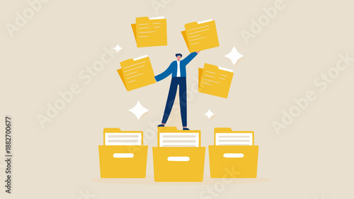 A businessperson in a blue suit stands triumphantly on a stack of yellow file folders with documents floating around them in a colorful vector illustration
