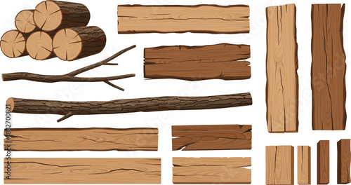 Wooden Logs and Planks Vector Set with Natural Tree Trunks, Boards, Branches, and Rustic Timber Elements for Design