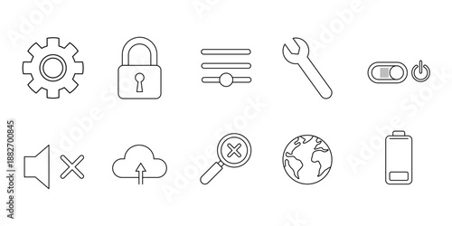 A collection of minimalist black and white icons representing technology and settings. The icons are simple outlines, perfect for any tech-related design