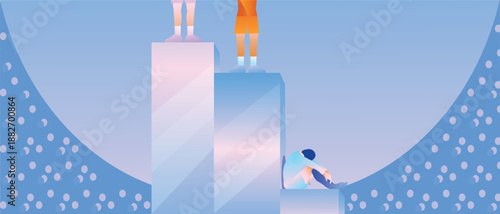 Flat vector illustration of a disappointed athlete sitting near the winners podium. Concept of failure, challenge, motivation and personal growth.