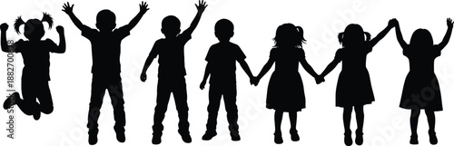 Happy children silhouettes holding hands and jumping together, childhood friendship, unity and joy concept illustration, playful group, black monochrome design.