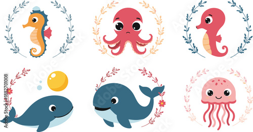 Cute Sea Animals Floral Wreath Vector Set with Whale, Octopus, Seahorse, and Jellyfish for Baby Nursery and Kids Designs