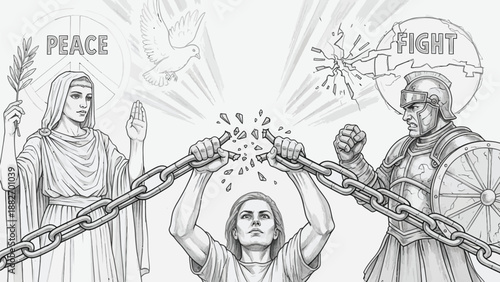 A powerful depiction of breaking free from oppression symbolizes the universal struggle between choosing peace represented by a dove and war embodied by an armored soldier.