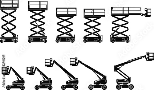 Scissor lift and boom lift silhouettes collection, aerial work platforms illustration, industrial construction equipment icons, black machinery set, isolated, design