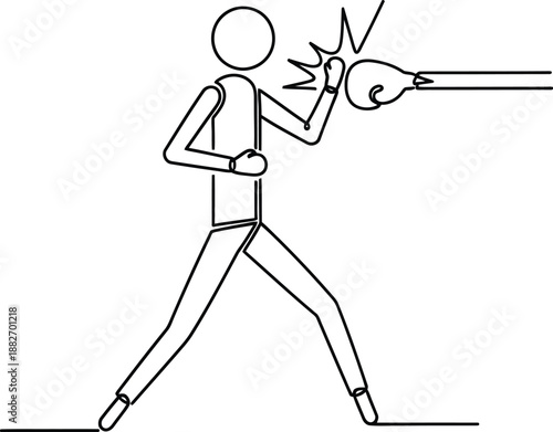 Minimalist continuous line drawing depicts a stick figure boxer delivering a solid punch while receiving a counter blow from an unseen opponent, representing conflict.