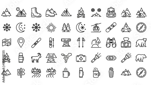 Black and white outdoor travel icons.