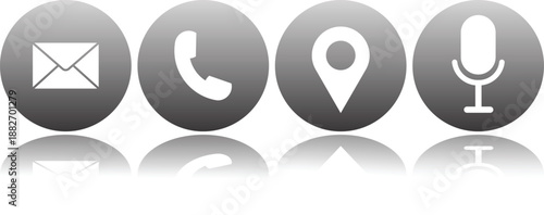 Four grayscale circular icons representing various communication and contact methods including email, phone, location, and voice, with reflections below.