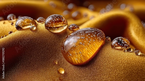 Macro Golden Water Droplets on Silk Fabric Texture