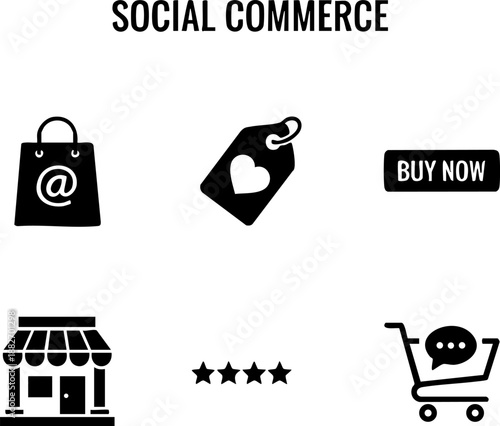 Set of 6 Minimal Social Commerce Icons Isolated White Background Shopping Bag Tag Cart