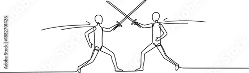 Minimalist one line drawing depicts two stylized figures engaged in an intense sword fight or fencing duel across a horizontal ground line.