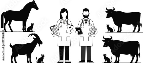 Veterinary medicine silhouettes with farm animals and pets, doctors illustration, animal healthcare concept, livestock and companion care icons, set, design